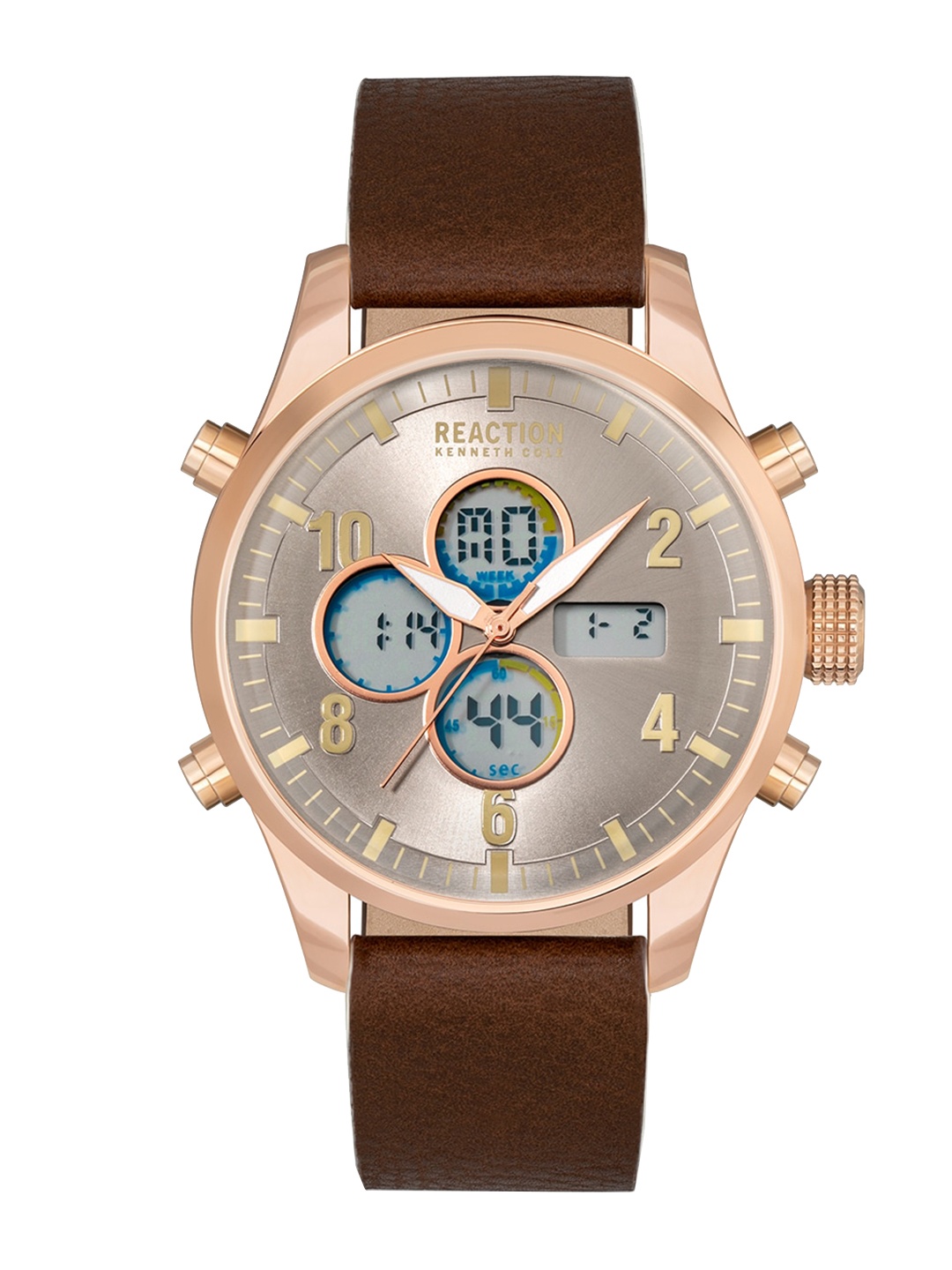 

REACTION KENNETH COLE Men Grey Dial & Brown Leather Straps Analogue Digital Watch