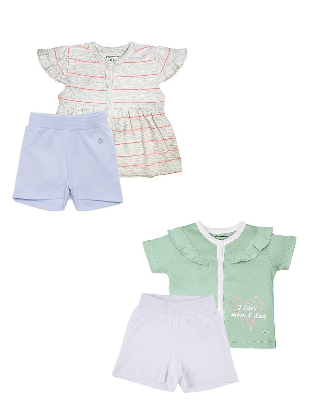 

My Milestones Girls Grey & Green Printed Cotton Top with Shorts