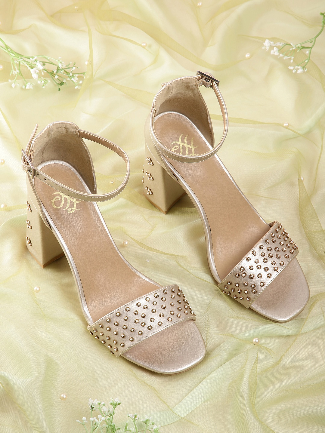 

House of Pataudi Rose Gold-Toned Embellished Handcrafted Ethnic Block Heels