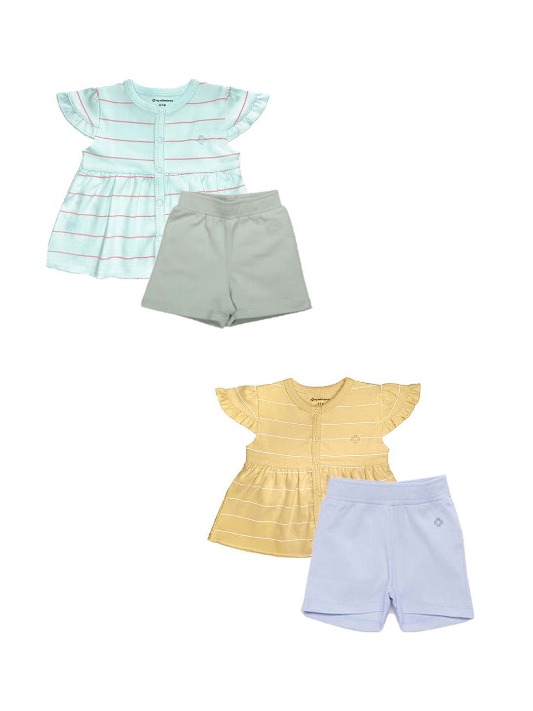 

My Milestones Girls Pack Of 2 Yellow & Sea Green Striped Top with Shorts