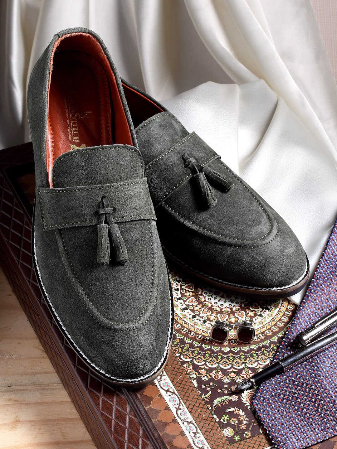 

LOUIS STITCH Men Olive Green Suede Lightweight Tasseled Loafers