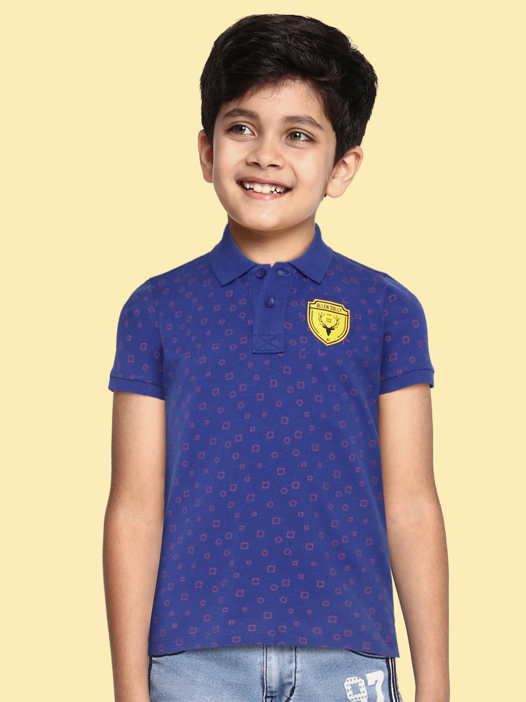 

Allen Solly Junior Boys Blue & Red Geometric Print Brand Logo Applique Polo Collar T-shirt