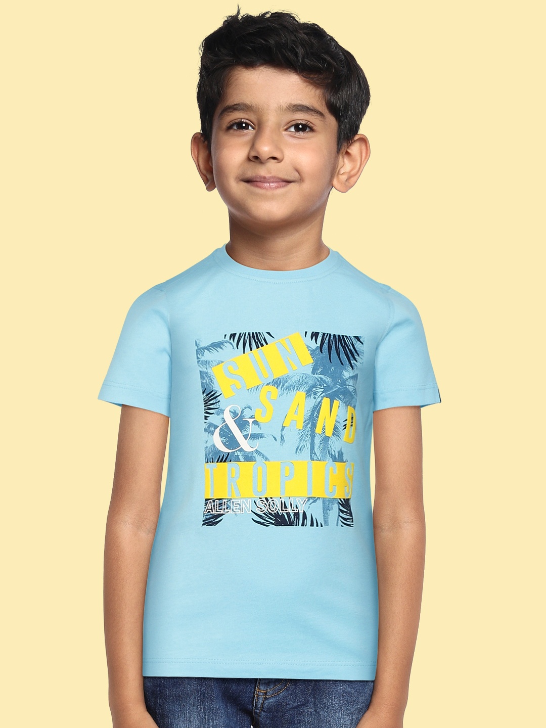 

Allen Solly Junior Boys Blue & Yellow Printed Pure Cotton T-shirt