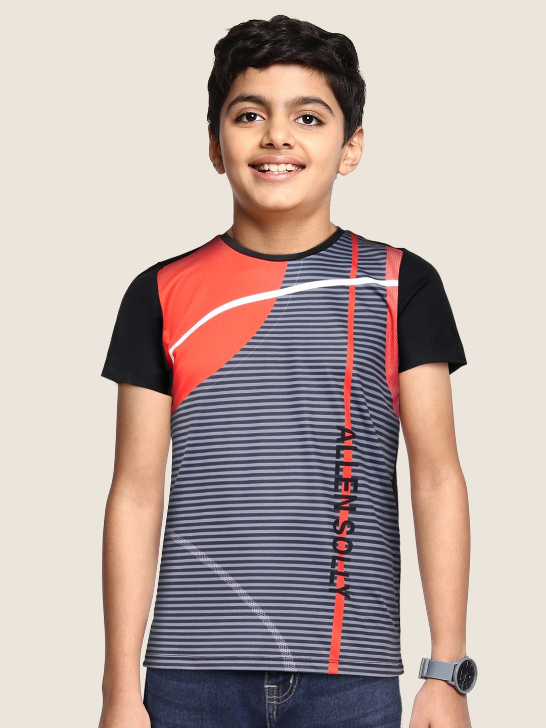 

Allen Solly Junior Boys Black & Coral Striped T-shirt