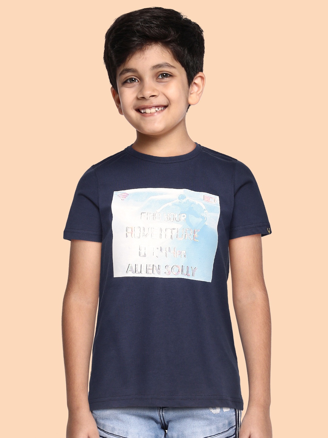 

Allen Solly Junior Boys Navy Blue & White Printed Pure Cotton T-shirt