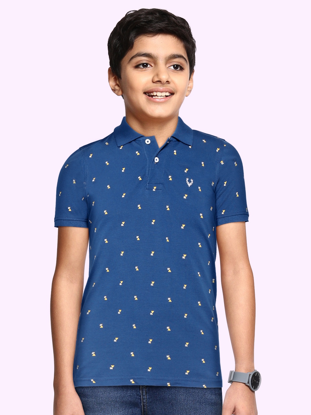 

Allen Solly Junior Boys Blue & Yellow Printed Polo Collar Pure Cotton T-shirt