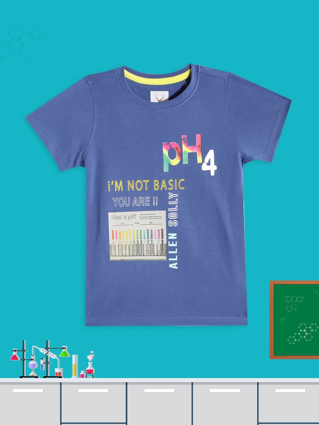 

Allen Solly Junior Boys Blue & Yellow Pure Cotton Typography Printed T-shirt