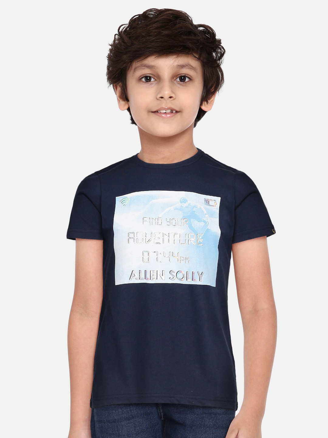 

Allen Solly Junior Boys Navy Blue & White Printed Pure Cotton T-shirt