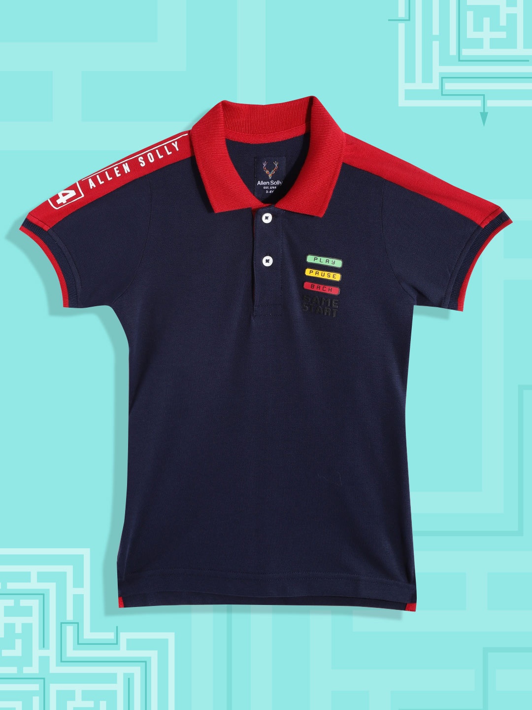 

Allen Solly Junior Boys Navy Blue & Red Pure Cotton Polo Collar T-shirt