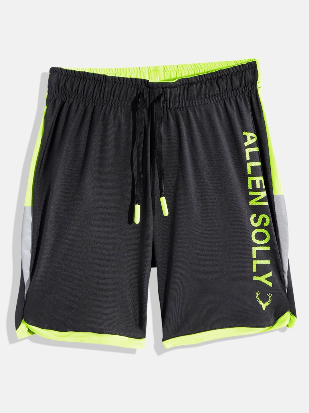 

Allen Solly Junior Boys Black & Fluorescent Green Brand Logo Printed Sports Shorts