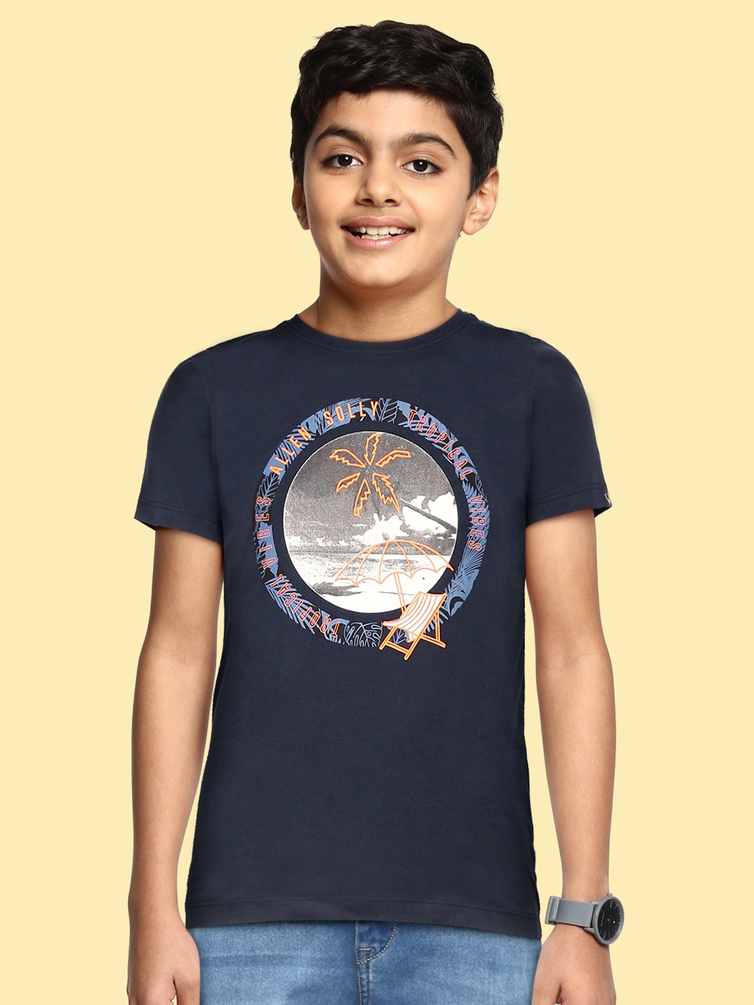 

Allen Solly Junior Boys Navy Blue & White Printed Pure Cotton T-shirt