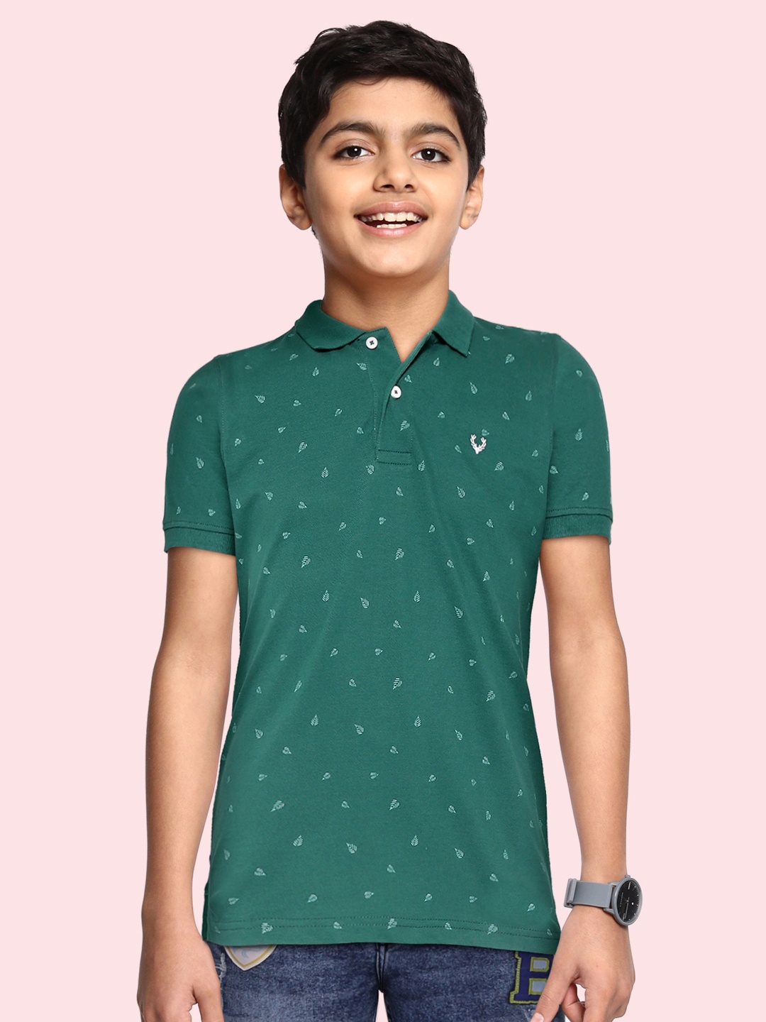 

Allen Solly Junior Boys Green Leaf Printed Polo Collar Pure Cotton T-shirt