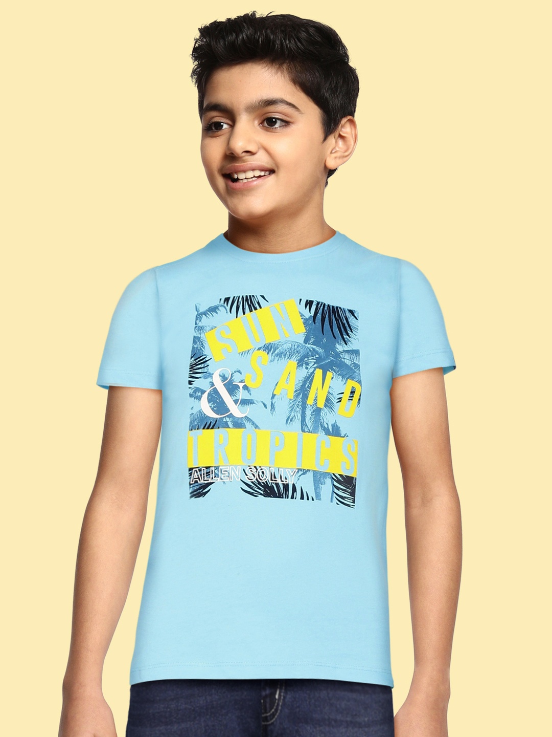 

Allen Solly Junior Boys Blue & Yellow Printed Pure Cotton T-shirt