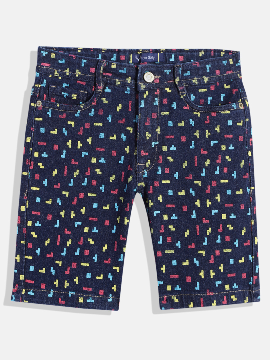 

Allen Solly Junior Boys Geometric Printed Stretchable Denim Shorts, Navy blue
