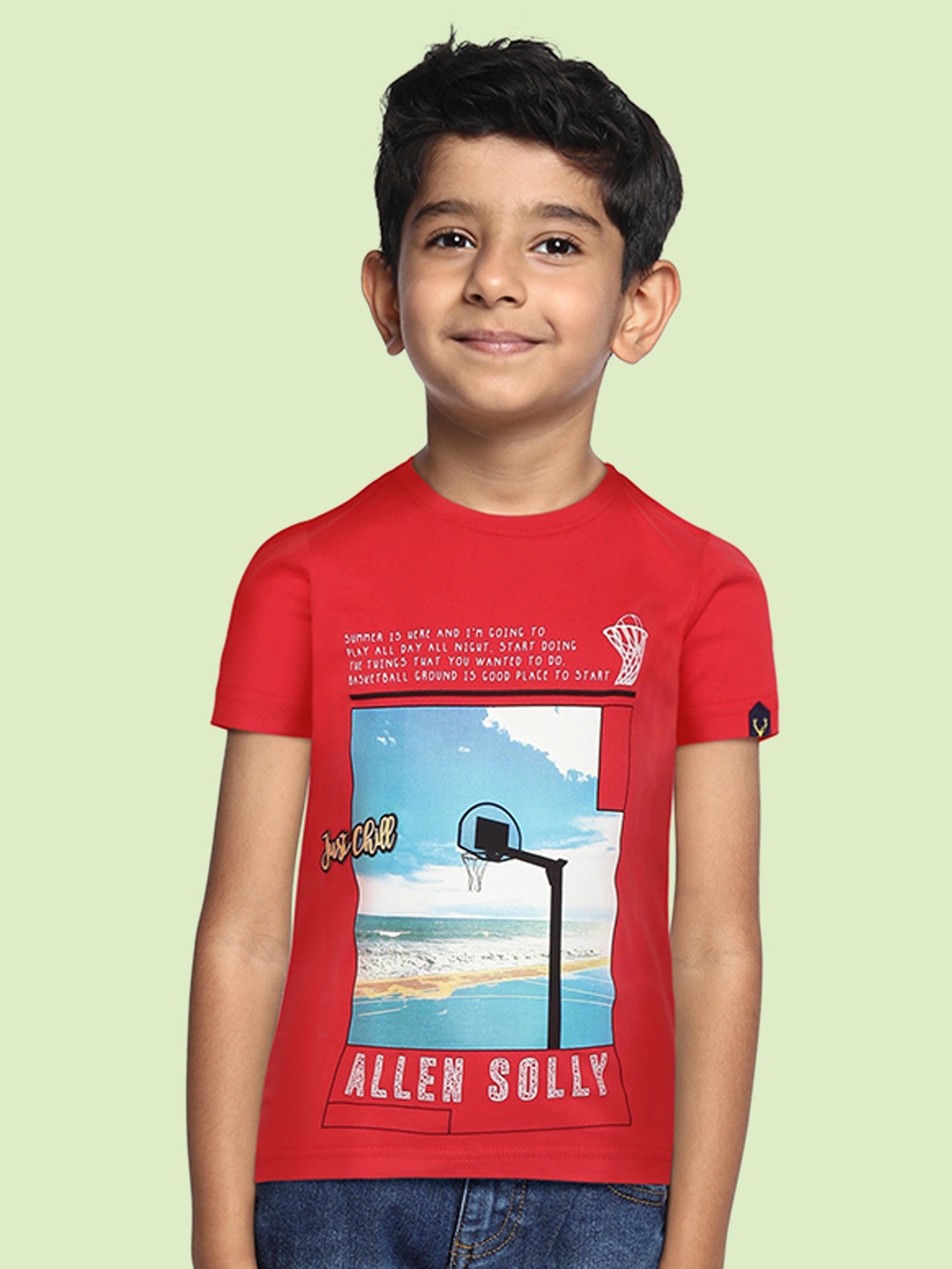 

Allen Solly Junior Boys Red & Blue Printed Pure Cotton T-shirt