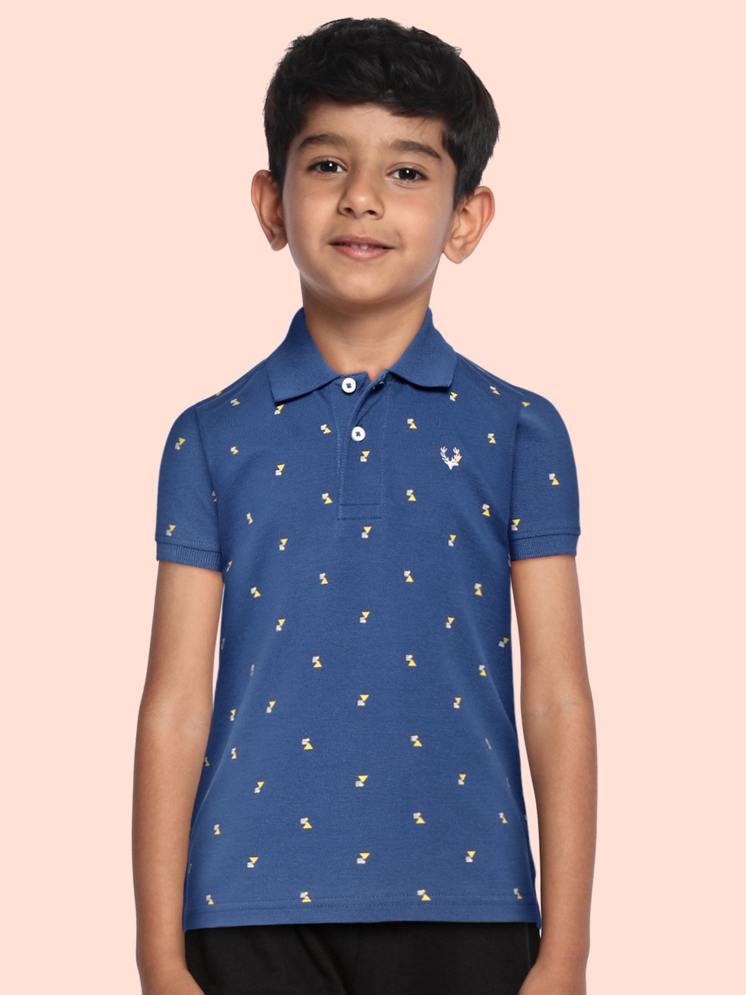 

Allen Solly Junior Boys Blue & Yellow Printed Polo Collar Pure Cotton T-shirt