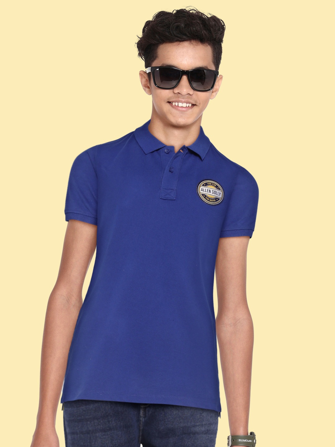 

Allen Solly Junior Boys Blue Brand Logo Applique Polo Collar T-shirt