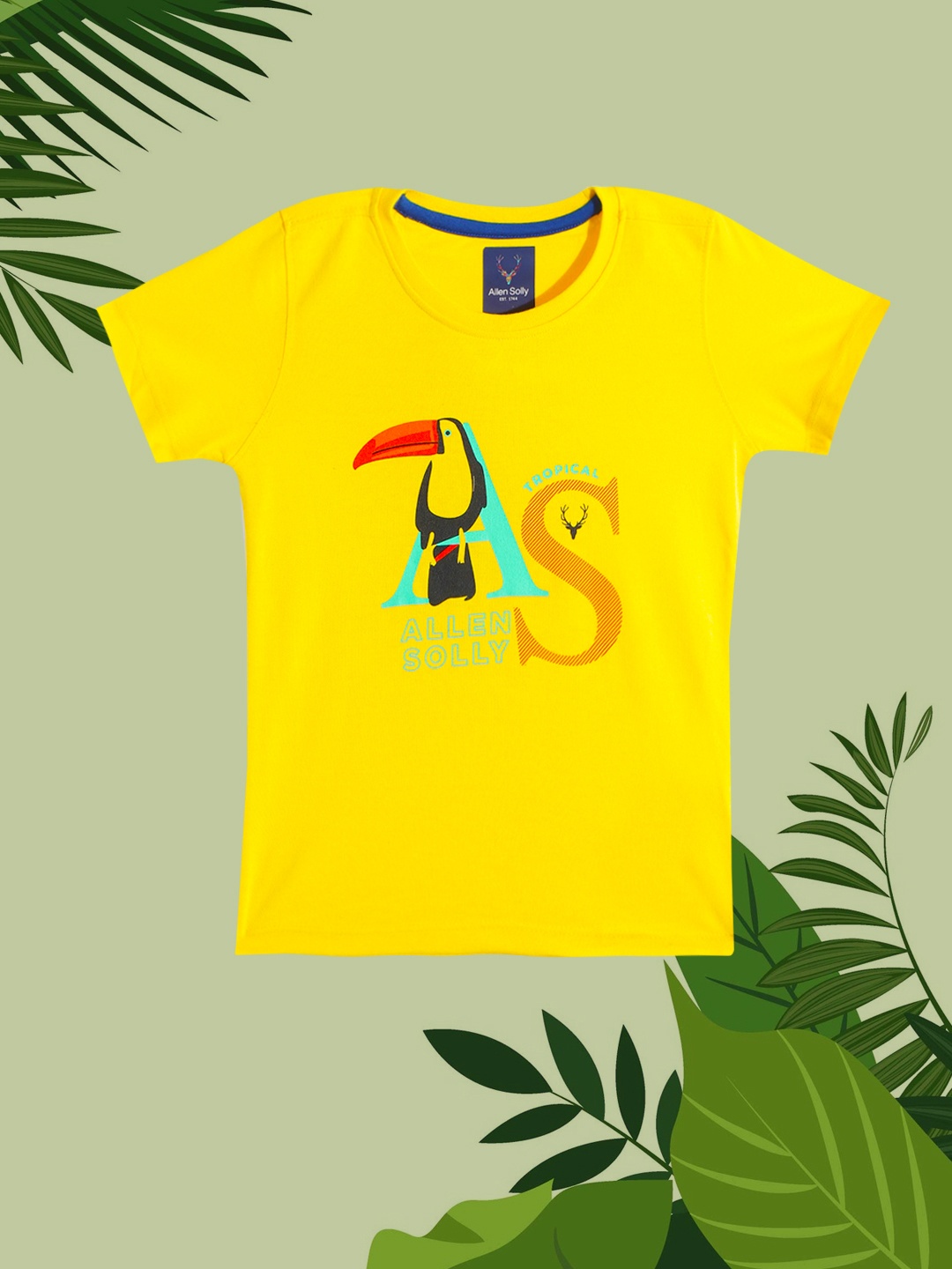 

Allen Solly Junior Boys Yellow & Black Tropical Printed T-shirt