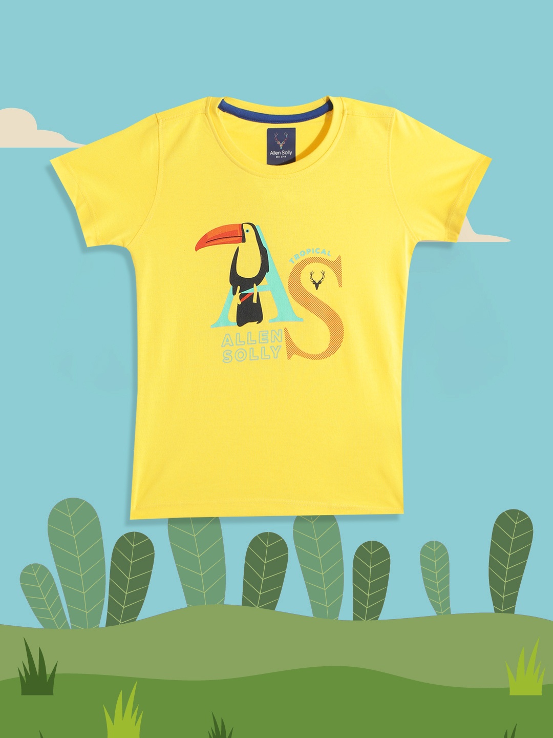 

Allen Solly Junior Boys Yellow & Black Tropical Printed T-shirt