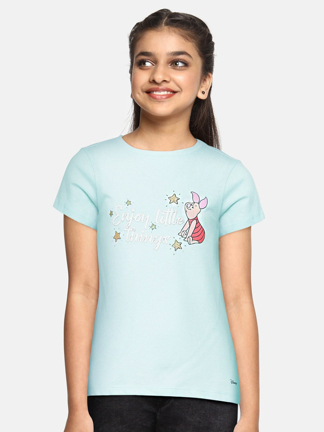 

Allen Solly Junior Girls Blue & White Winnie The Pooh Piglet Printed Pure Cotton T-shirt