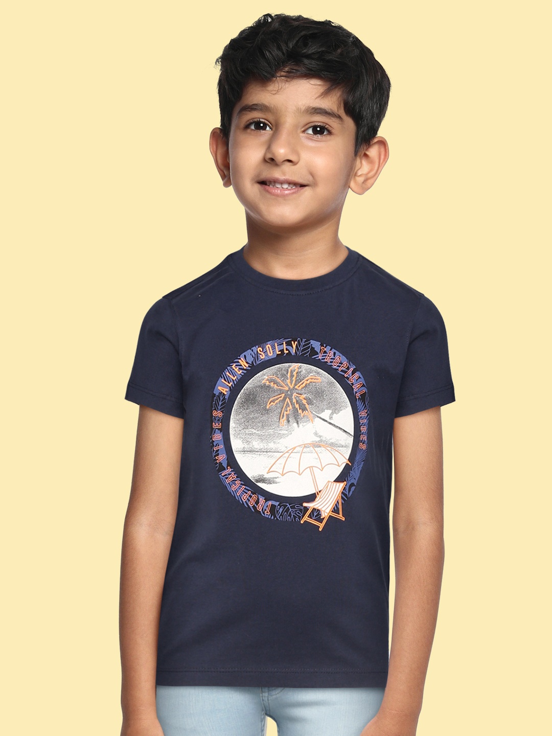 

Allen Solly Junior Boys Navy Blue & Grey Printed Pure Cotton T-shirt