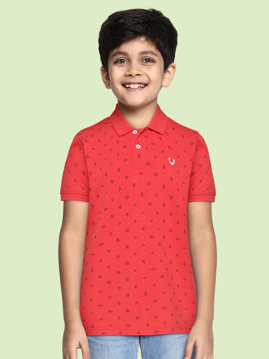 

Allen Solly Junior Boys Coral Red & Navy Blue Printed Polo Collar Pure Cotton T-shirt