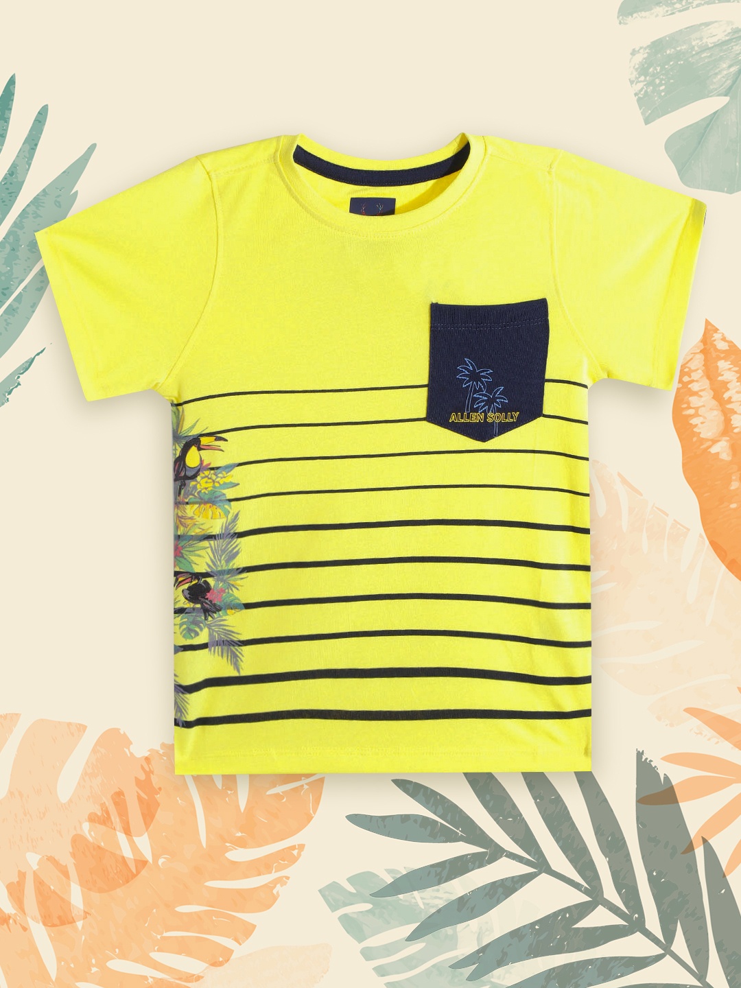 

Allen Solly Junior Boys Yellow & Black Striped & Tropical Cotton T-shirt