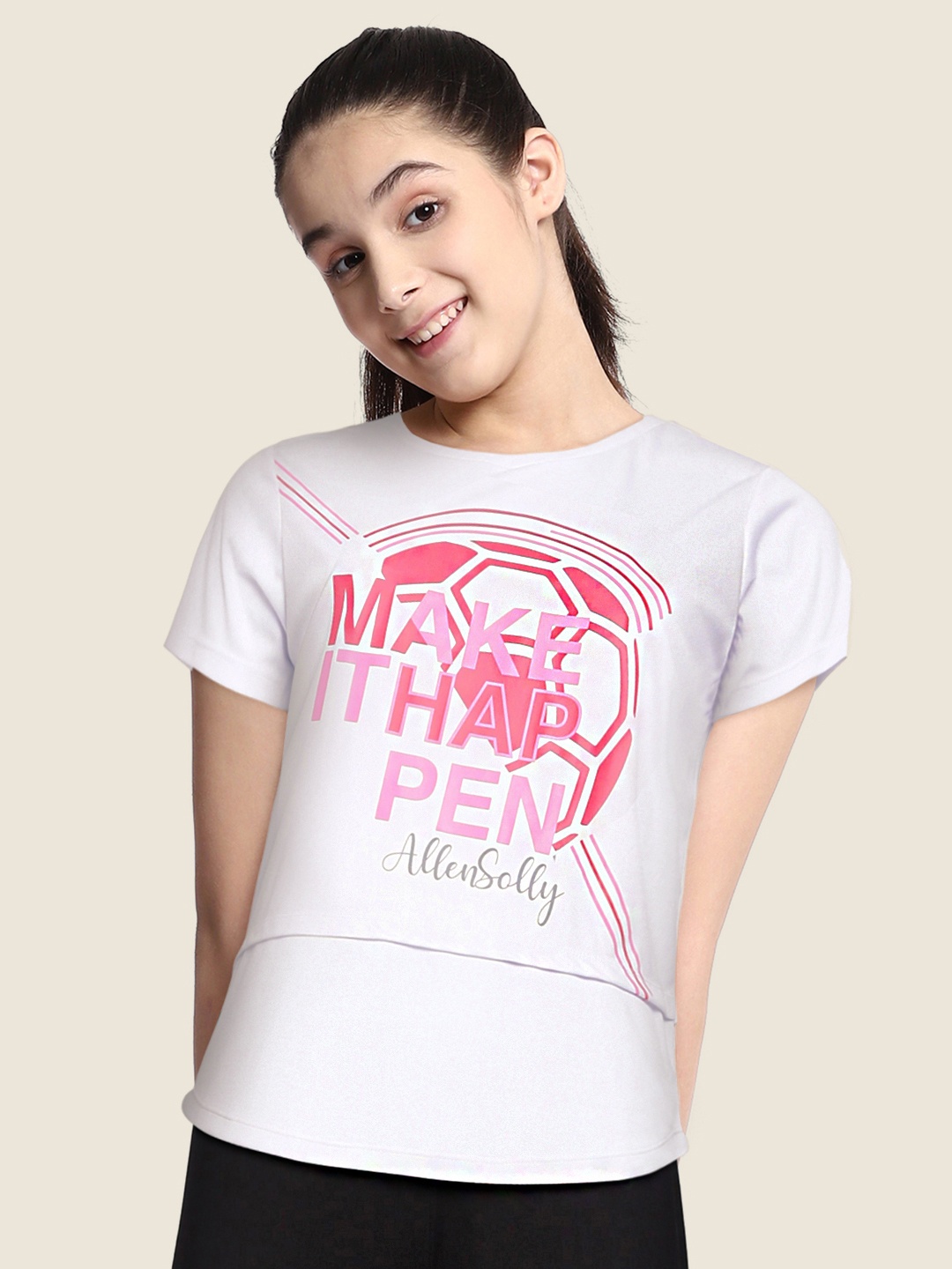 

Allen Solly Junior Girls Peach-Coloured Typography Printed V-Neck T-shirt