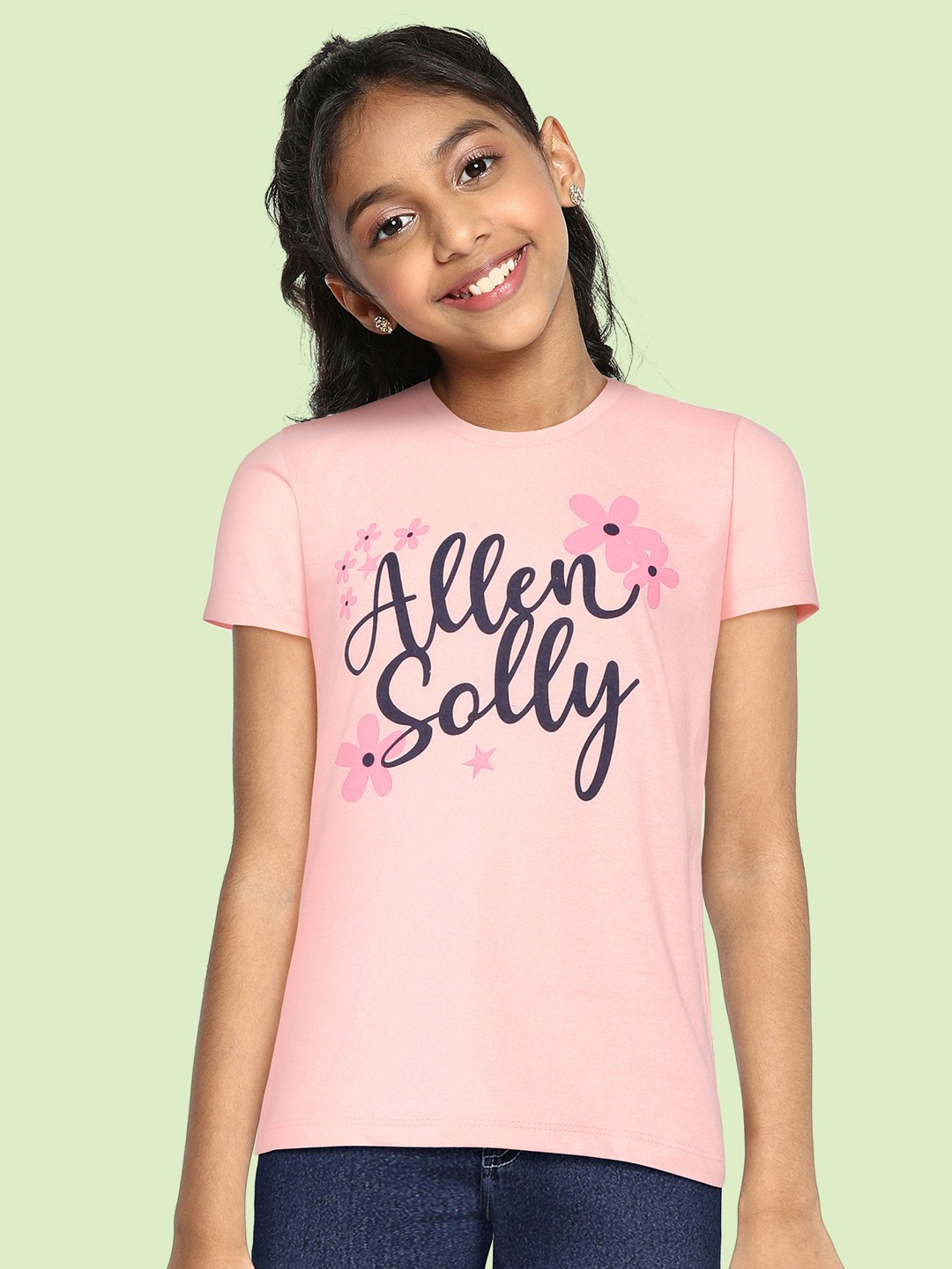 

Allen Solly Junior Girls Peach-Coloured & Black Brand Logo Printed T-shirt