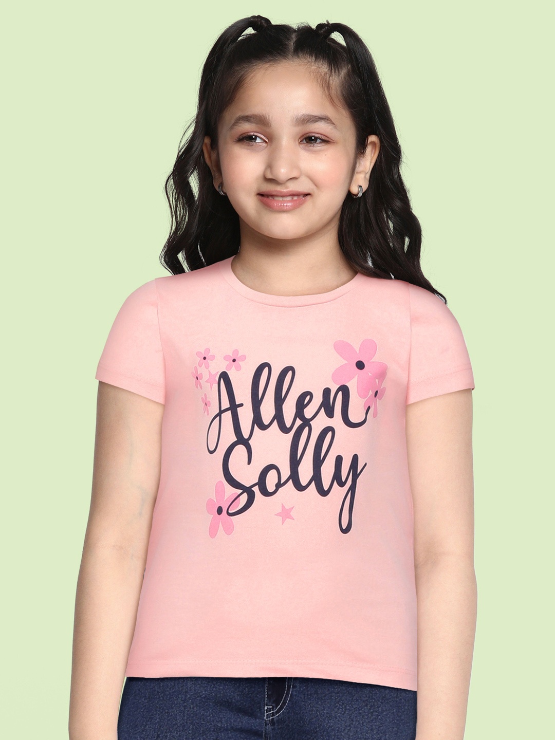 

Allen Solly Junior Girls Peach-Coloured & Black Brand Logo Printed T-shirt