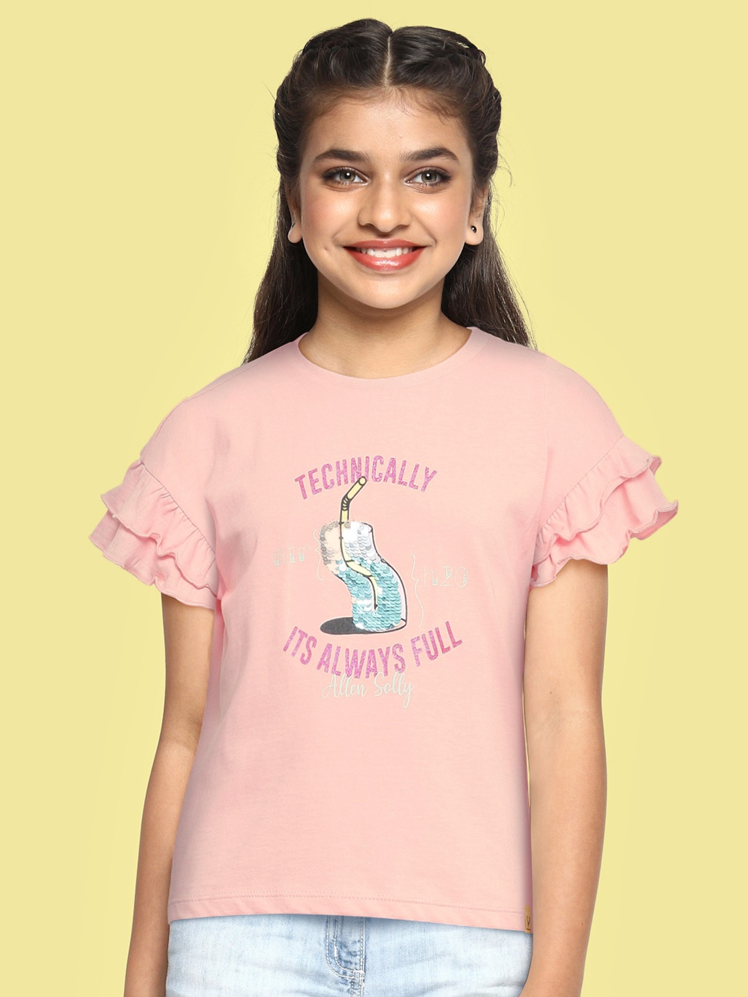 

Allen Solly Junior Girls Pink Typography Printed Layered Sleeves Pure Cotton T-shirt