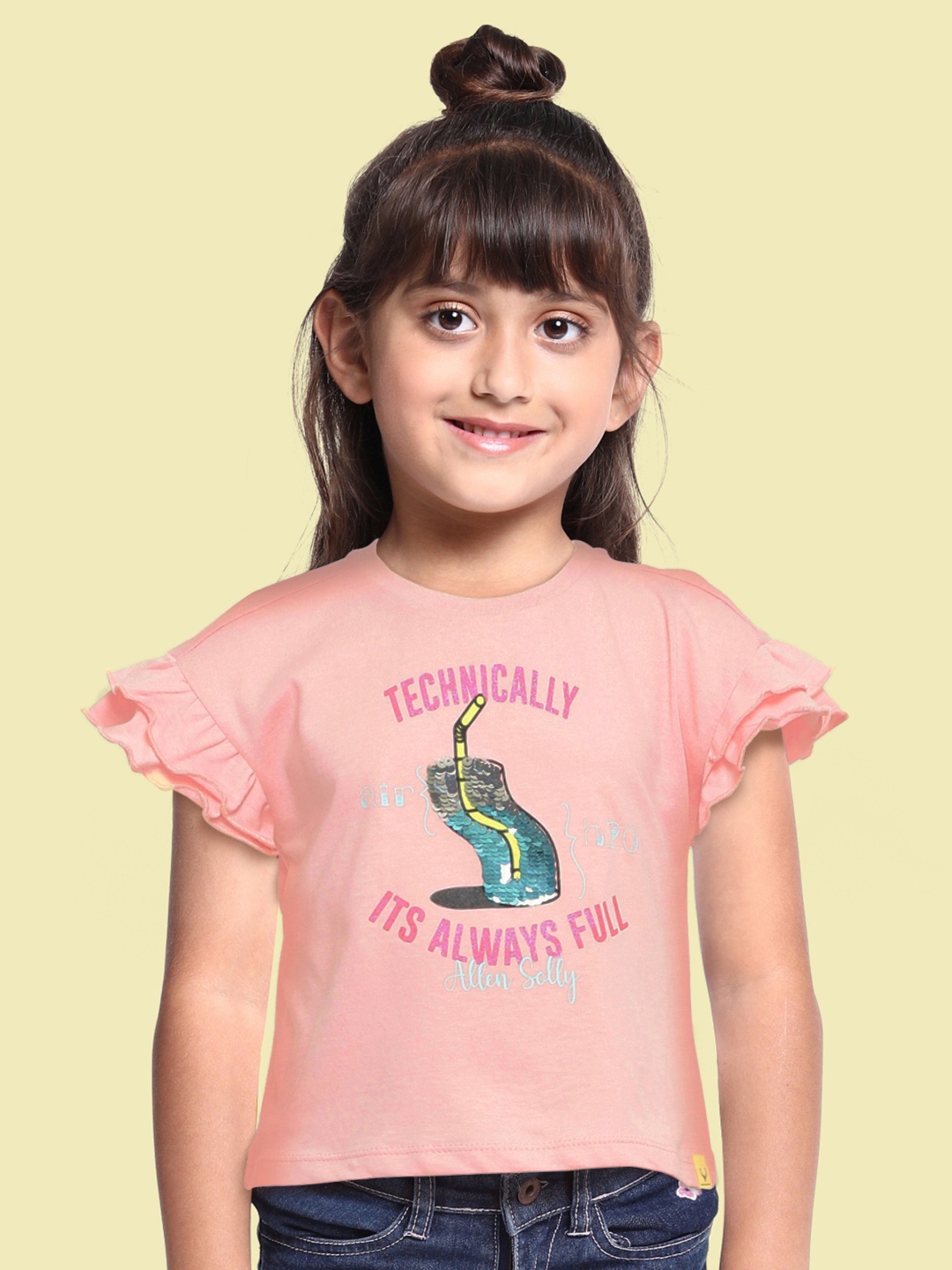 

Allen Solly Junior Girls Pink Typography Printed Embellished Pure Cotton T-shirt