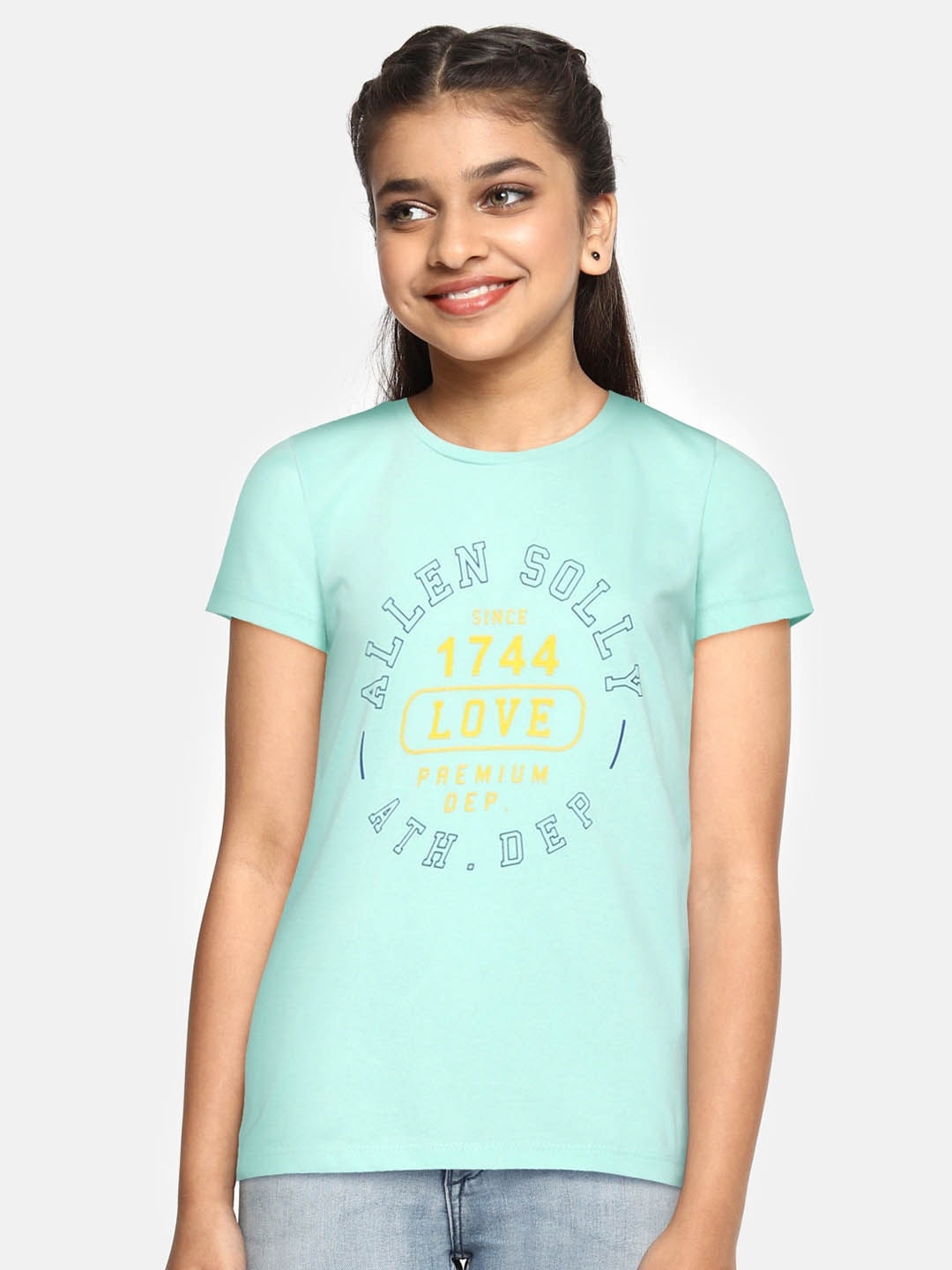 

Allen Solly Junior Girls Green & Navy Blue Brand Logo Printed T-shirt