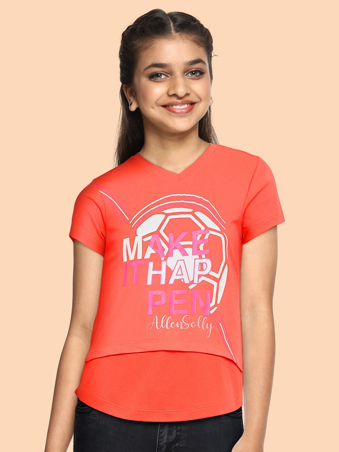 

Allen Solly Junior Girls Peach-Coloured Typography Printed T-shirt