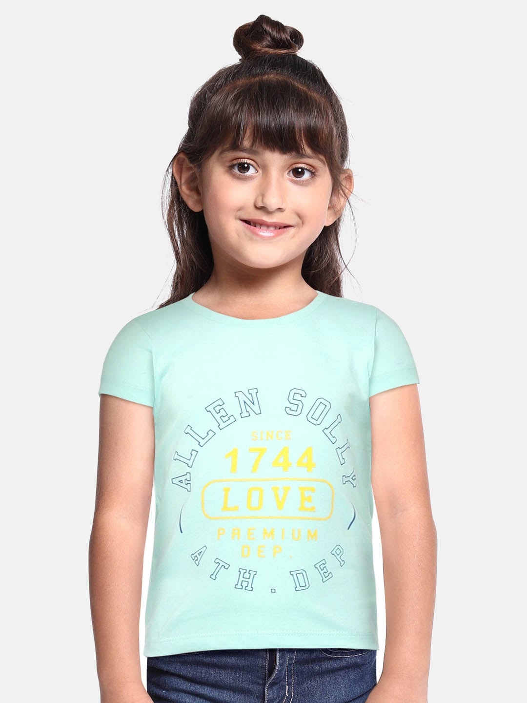 

Allen Solly Junior Girls Green & Navy Blue Brand Logo Printed T-shirt
