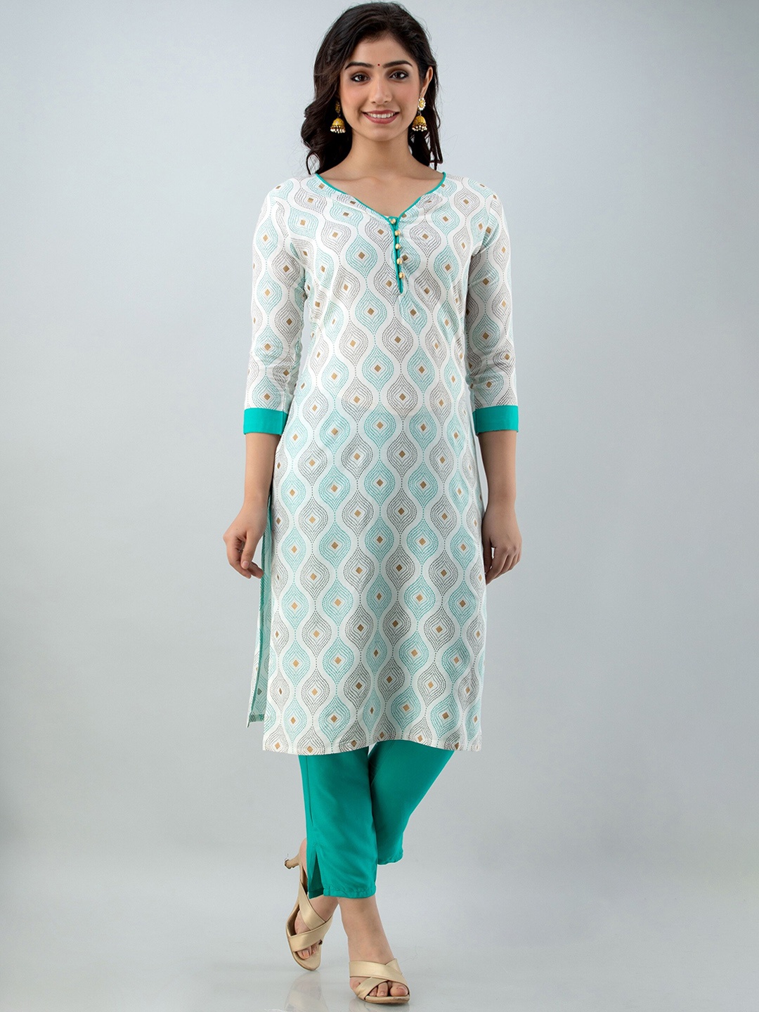 

Lovista Women White & Green Printed Kurta with Trousers