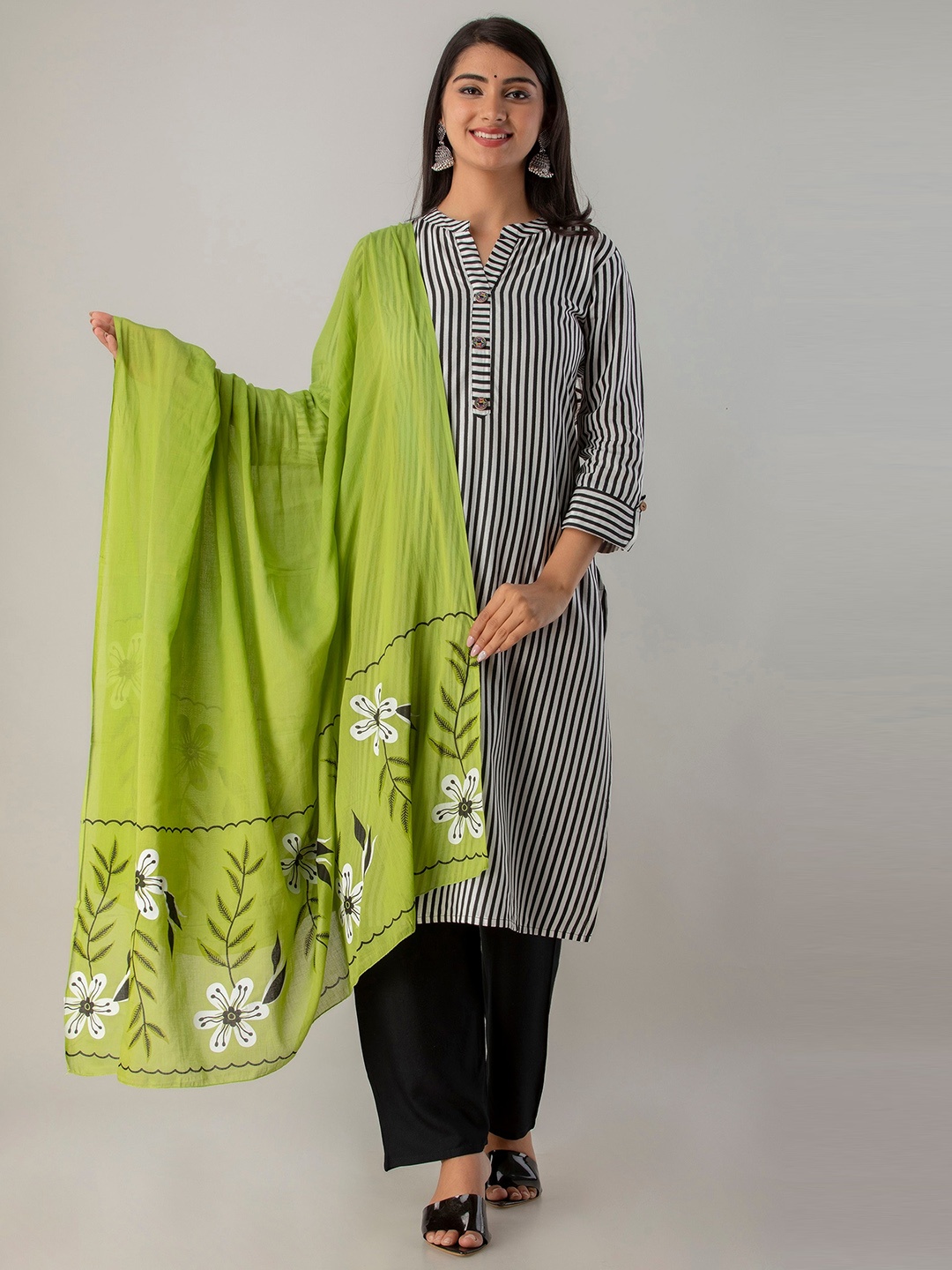 

Lovista Women Black & White Striped Kurta with Palazzos & With Dupatta