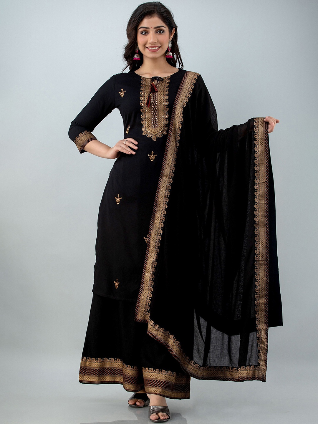 

Lovista Women Black Ethnic Motifs Sequinned Kurta with Palazzos & Dupatta