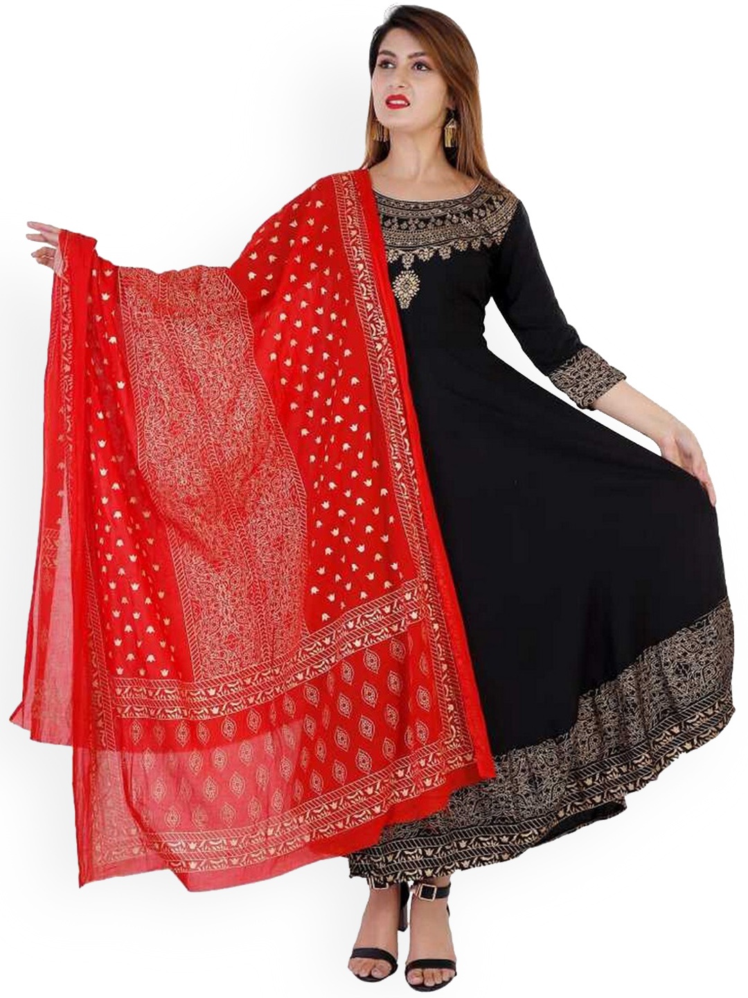 

Lovista Women Black & Red Ethnic Motifs Printed Rayon Anarkali Kurta With Dupatta