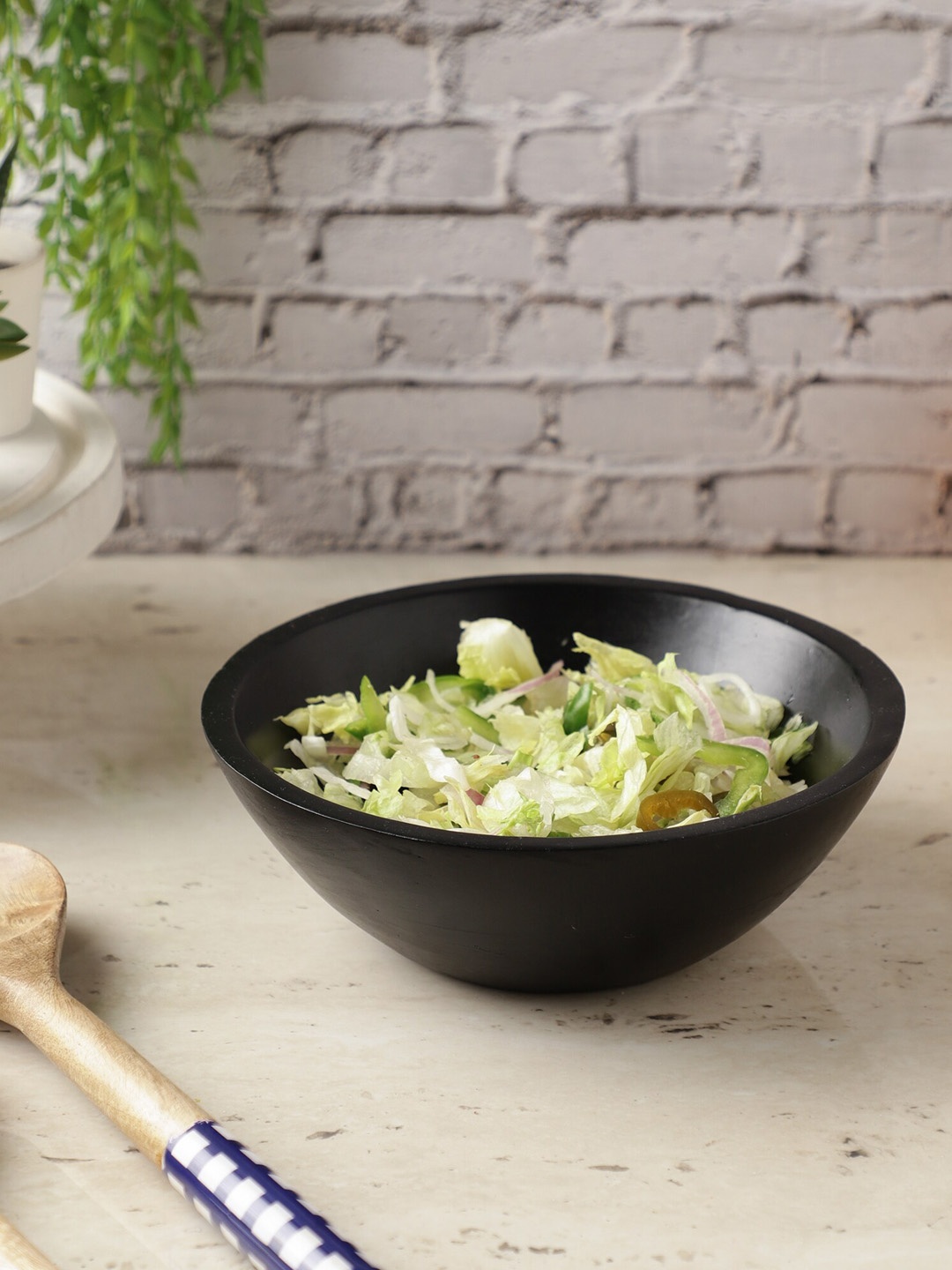 

The Decor Mart Black Solid Wooden Salad Bowl