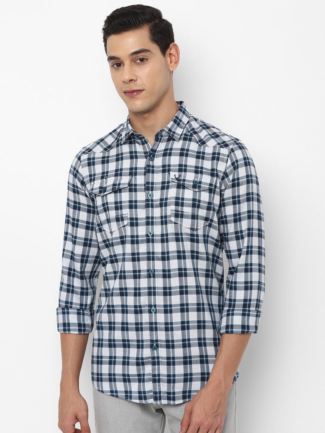 

Allen Solly Sport Men White & Teal Green Tartan Checked Pure Cotton Casual Shirt