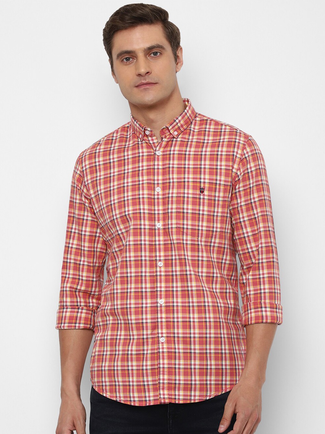 

Louis Philippe Jeans Men Pink & Yellow Slim Fit Checked Pure Cotton Casual Shirt