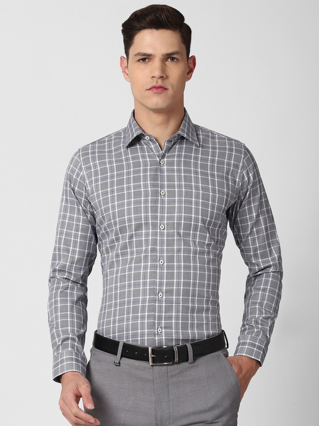 

Van Heusen Men Grey & White Slim Fit Checked Pure Cotton Formal Shirt