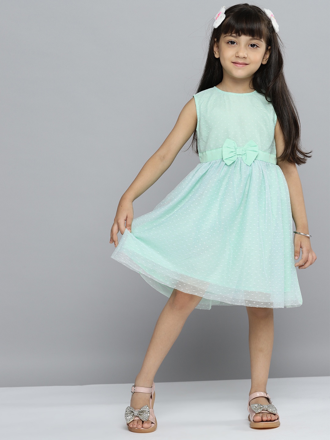 

YK Girls Mint Green Solid Bow Detail A-Line Dress