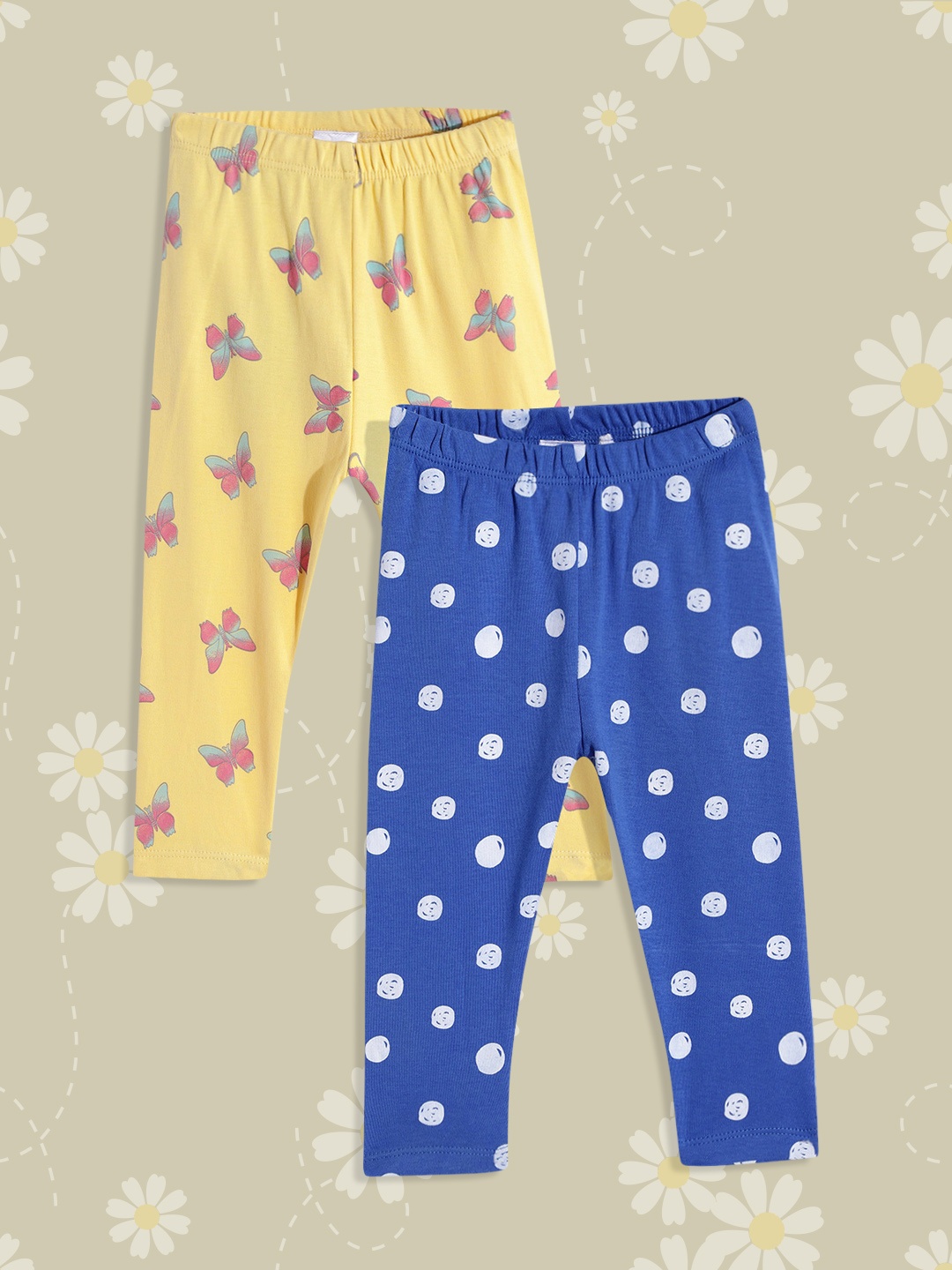 

YK Baby Infant Girls Pack of 2 Printed Ankle Length Pure Cotton Leggings, Yellow