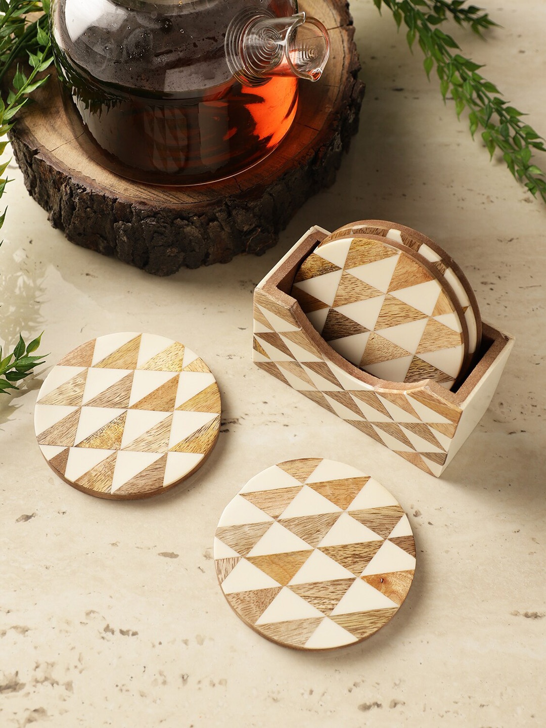 

The Decor Mart Beige Set of 4 Wooden Round Coasters