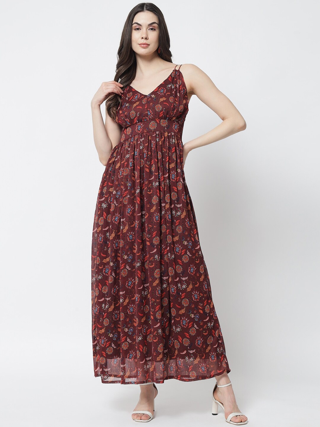 

Trend Arrest Maroon Floral Printed Chiffon Maxi Dress
