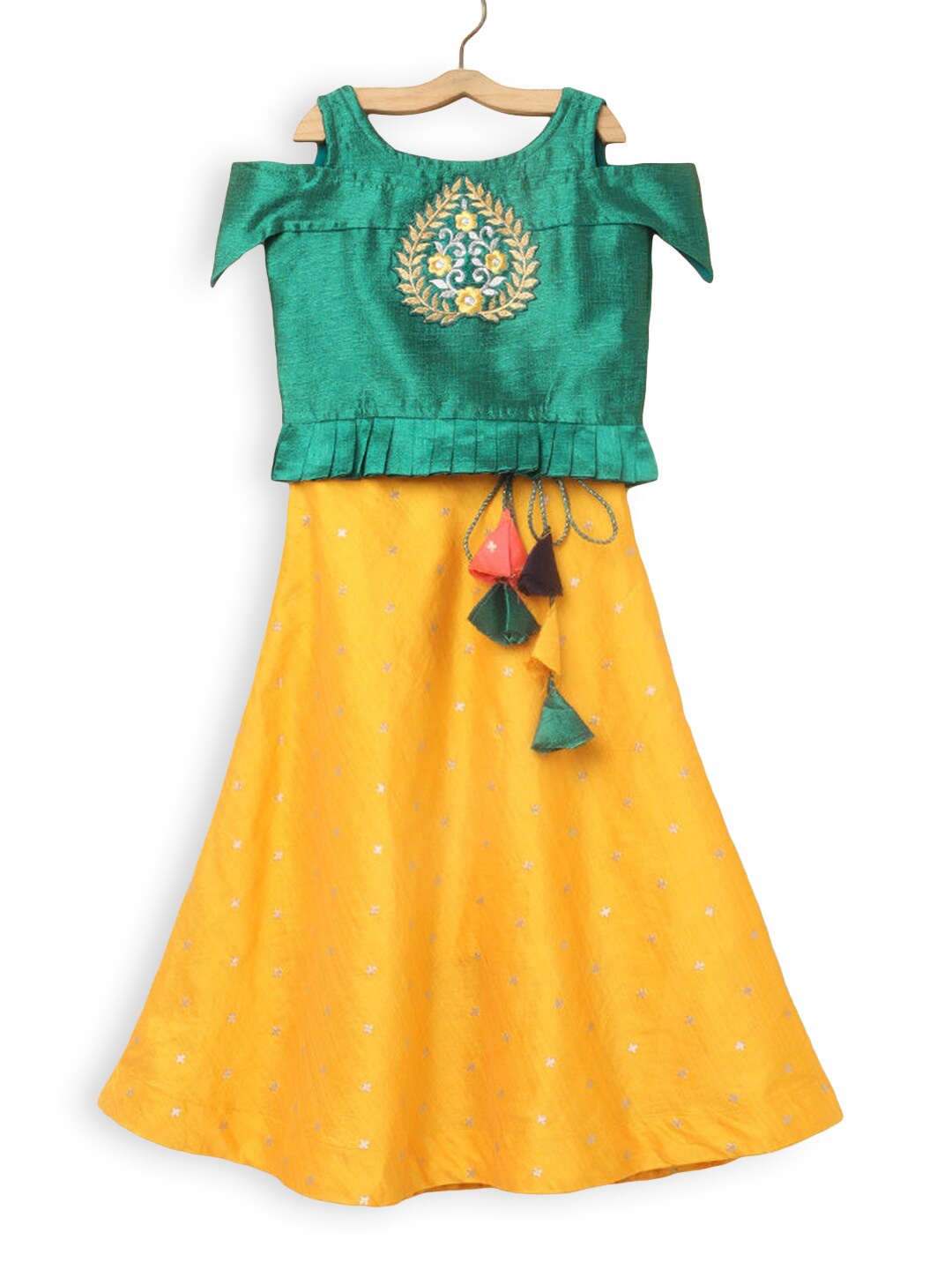 

Hopscotch Girls Green & Yellow Embroidered Ready to Wear Lehenga Choli