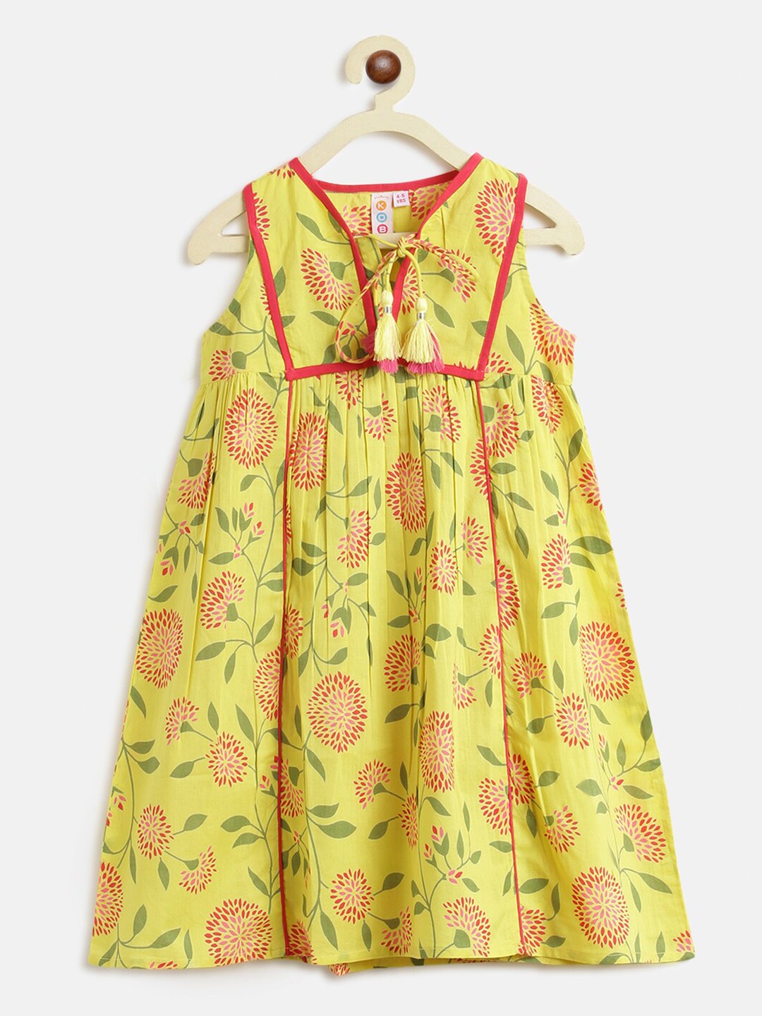 

Kids On Board Yellow Floral Tie-Up Neck A-Line Maxi Cotton Dress