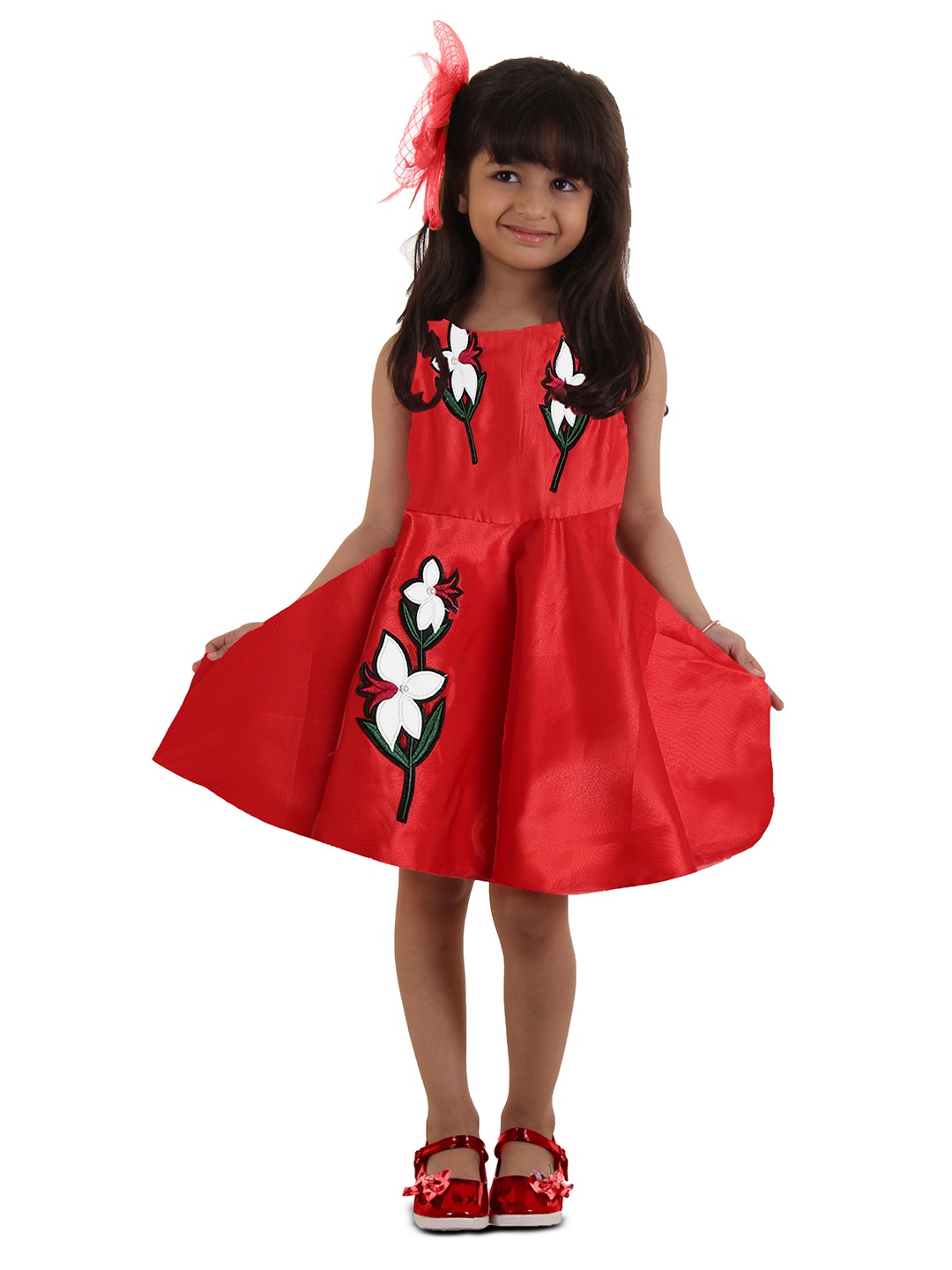 

Kids On Board Red & White Floral Embroidered Dress